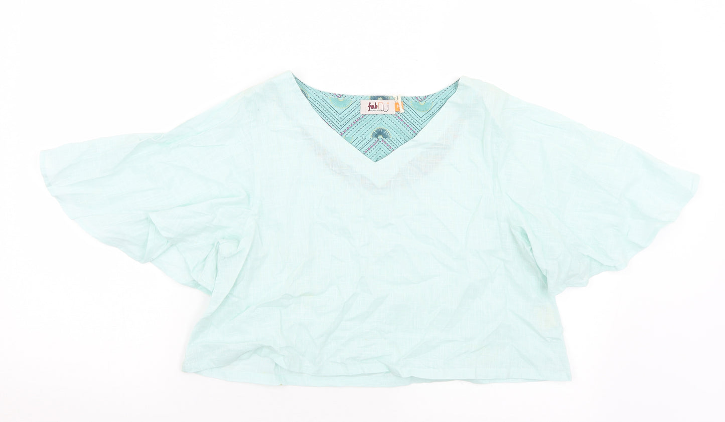 Fab Womens Green  Cotton Cropped Blouse Size M V-Neck