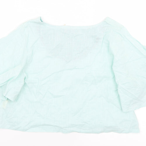 Fab Womens Green  Cotton Cropped Blouse Size M V-Neck