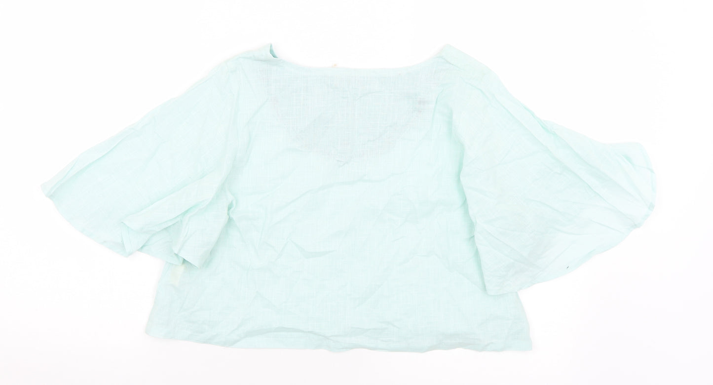 Fab Womens Green  Cotton Cropped Blouse Size M V-Neck
