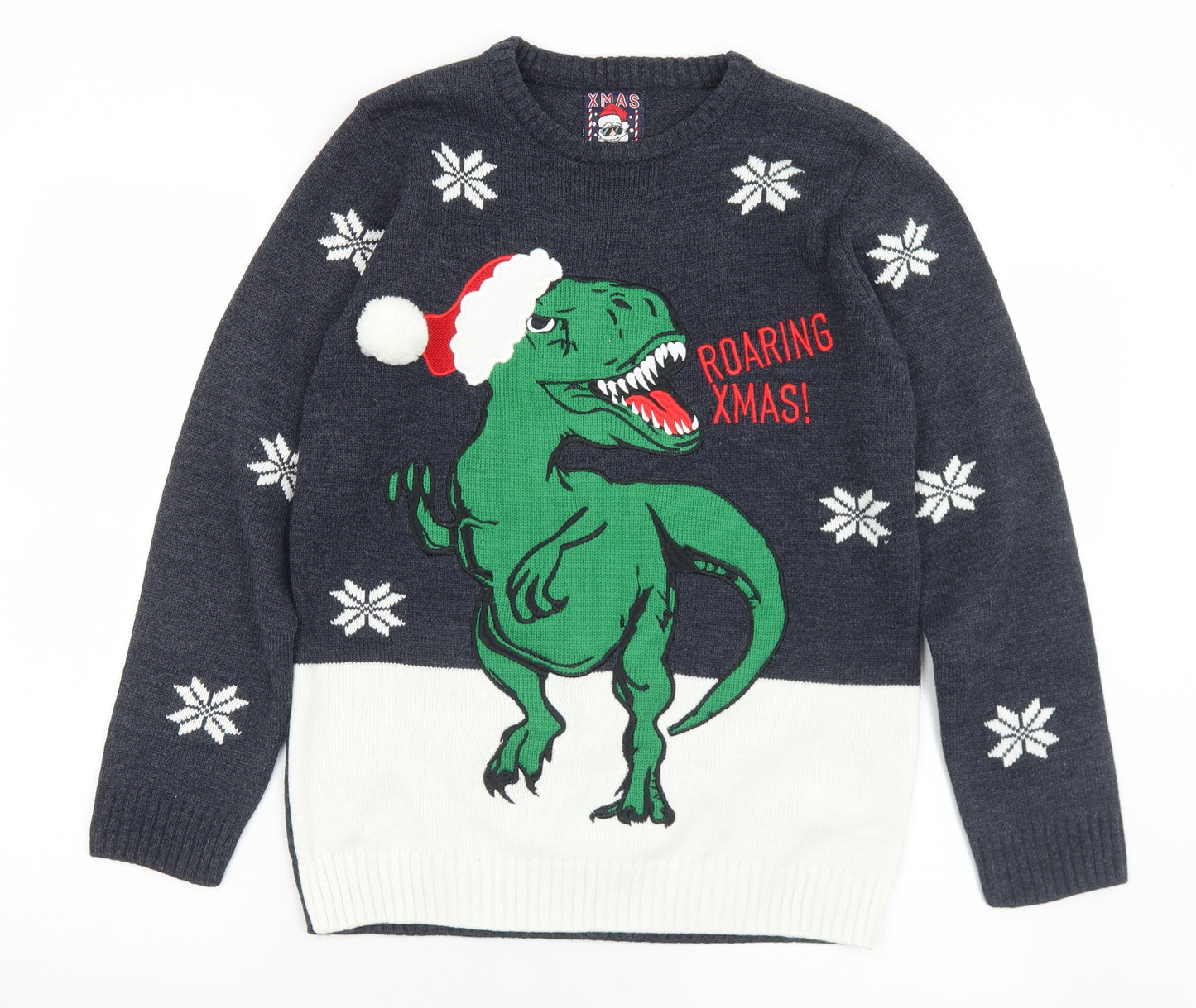 F&F Boys Multicoloured Collared Geometric Acrylic Pullover Jumper Size 13-14 Years   - Christmas. Dinosaur