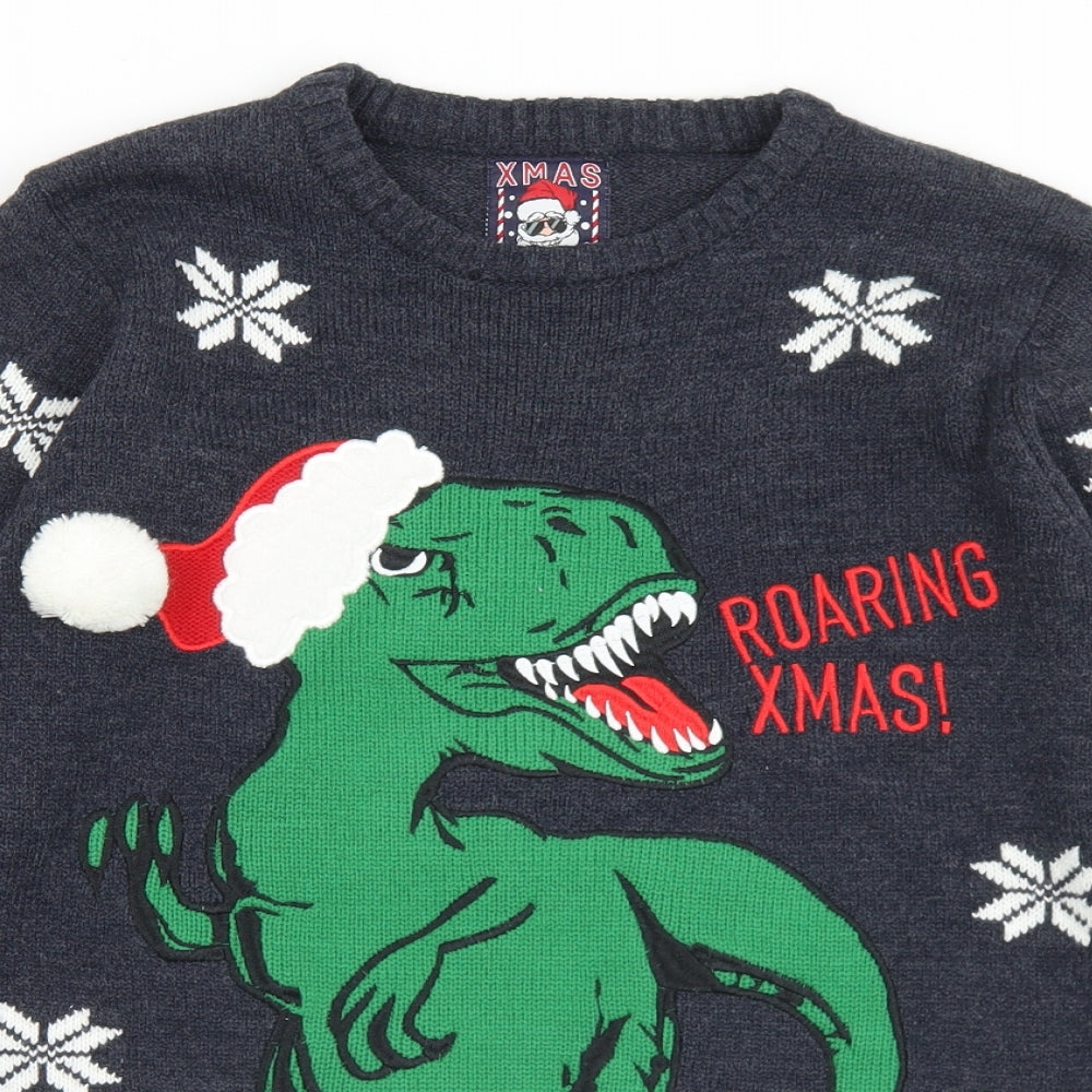 F&F Boys Multicoloured Collared Geometric Acrylic Pullover Jumper Size 13-14 Years   - Christmas. Dinosaur