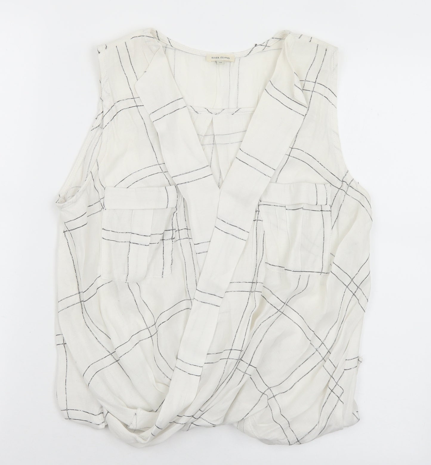 River Island Womens White Plaid Viscose Basic Blouse Size 10 Collared
