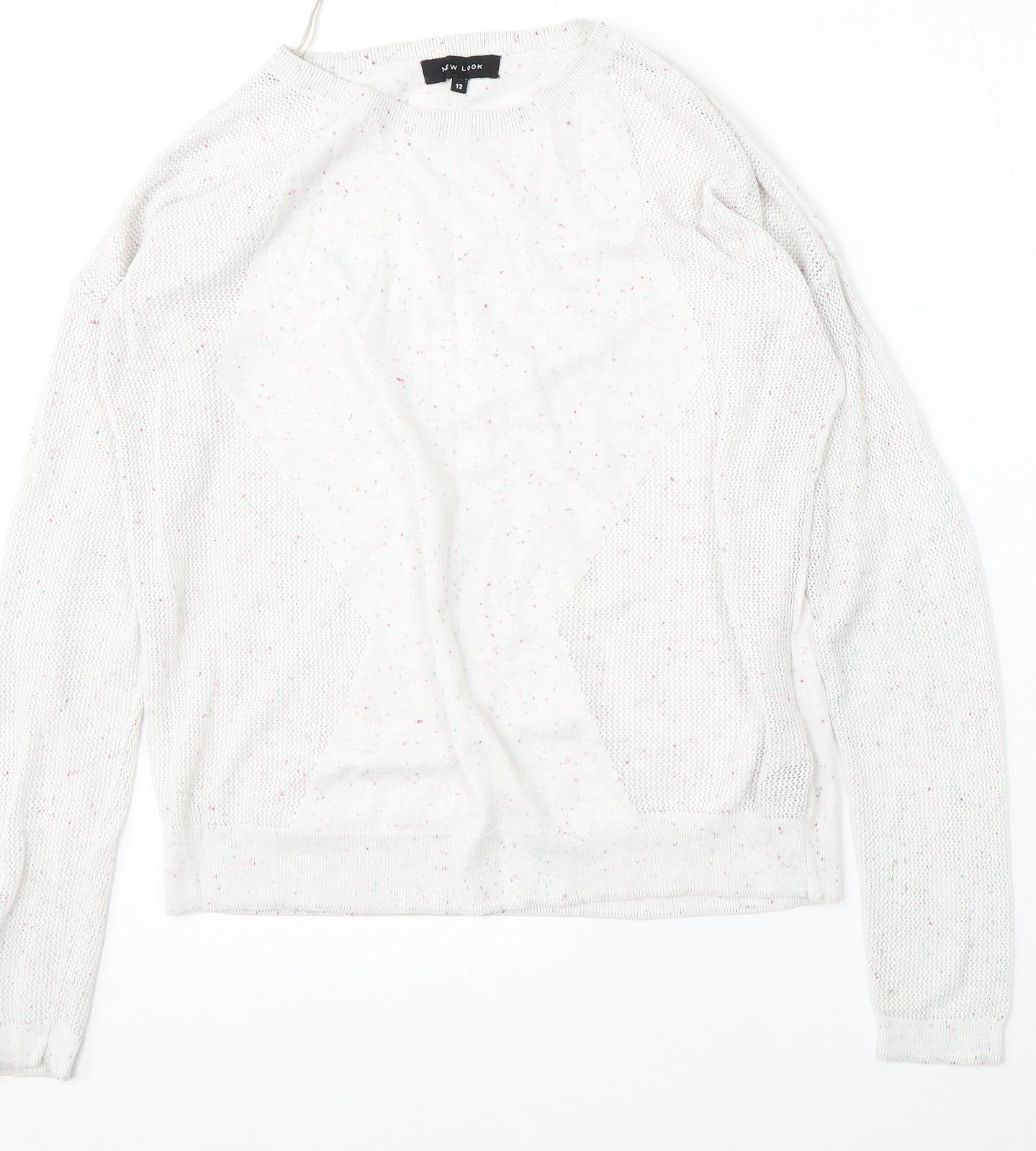New Look Womens White Round Neck Geometric Cotton Pullover Jumper Size 12