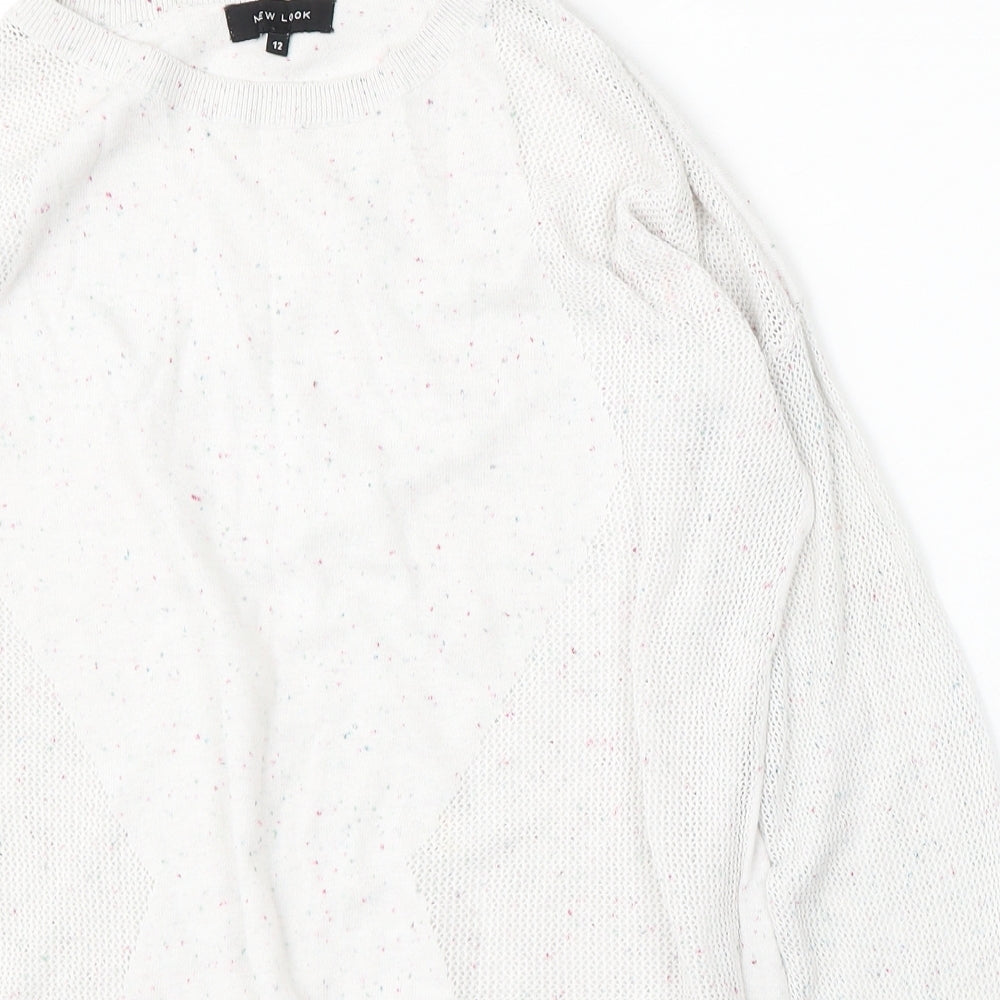 New Look Womens White Round Neck Geometric Cotton Pullover Jumper Size 12