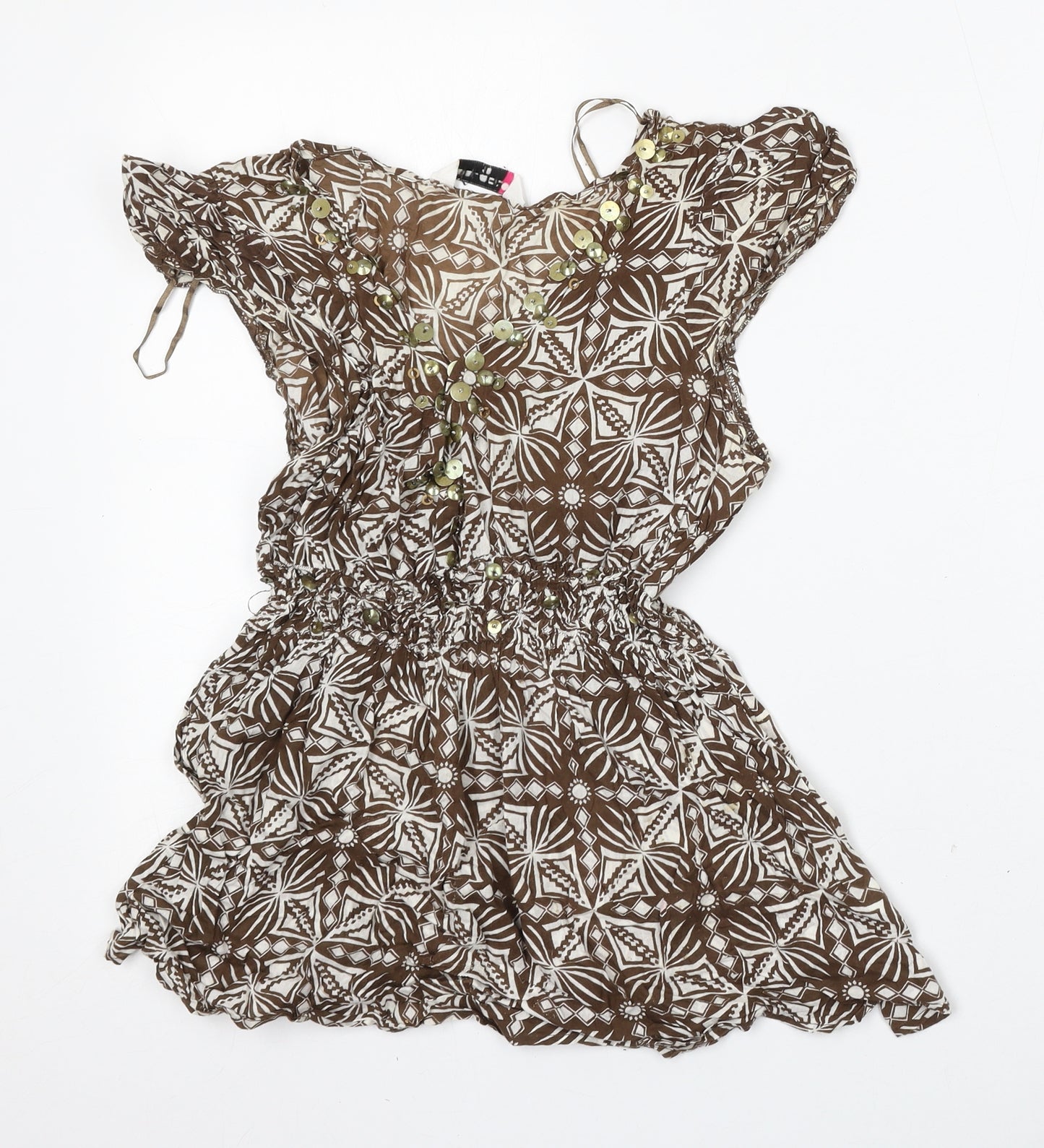 Select Womens Brown Geometric Cotton Basic Blouse Size 16 Round Neck