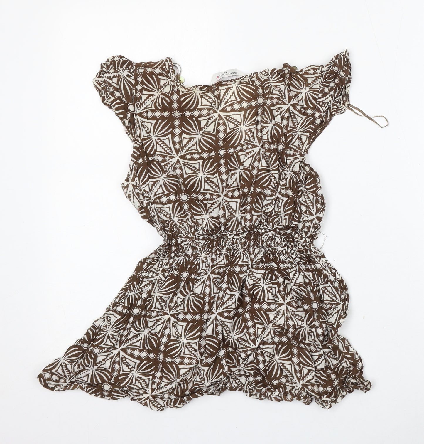 Select Womens Brown Geometric Cotton Basic Blouse Size 16 Round Neck