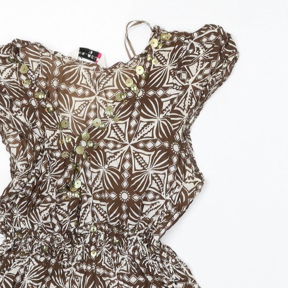 Select Womens Brown Geometric Cotton Basic Blouse Size 16 Round Neck