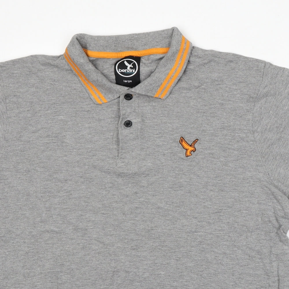 Benzini Mens Grey  Cotton  Polo Size L Collared Button