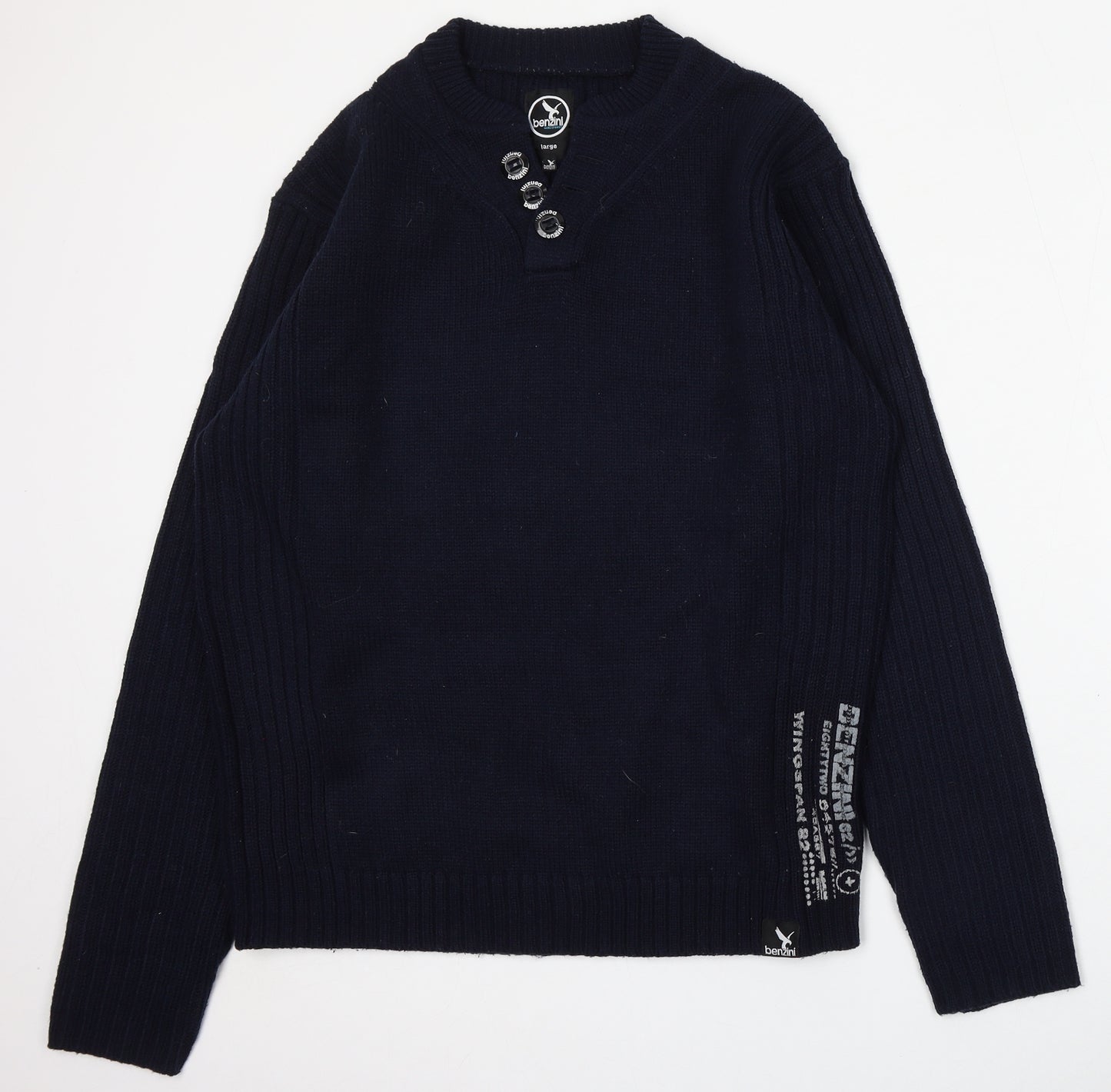 Benzini Mens Blue V-Neck  Acrylic Pullover Jumper Size L