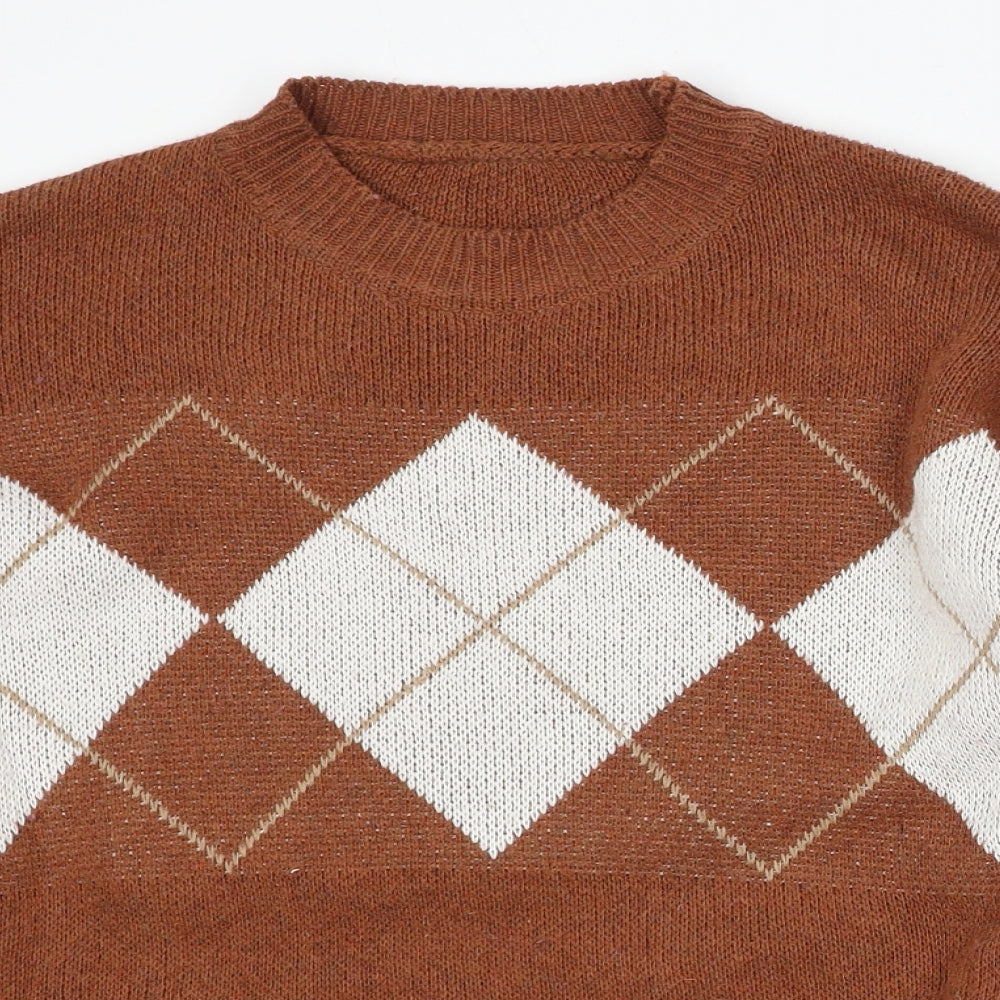 Preworn Womens Brown Round Neck Argyle/Diamond Cotton Pullover Jumper Size L