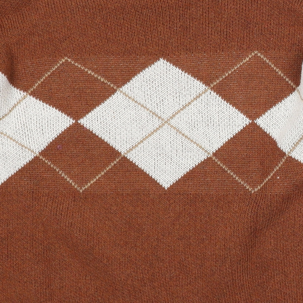 Preworn Womens Brown Round Neck Argyle/Diamond Cotton Pullover Jumper Size L