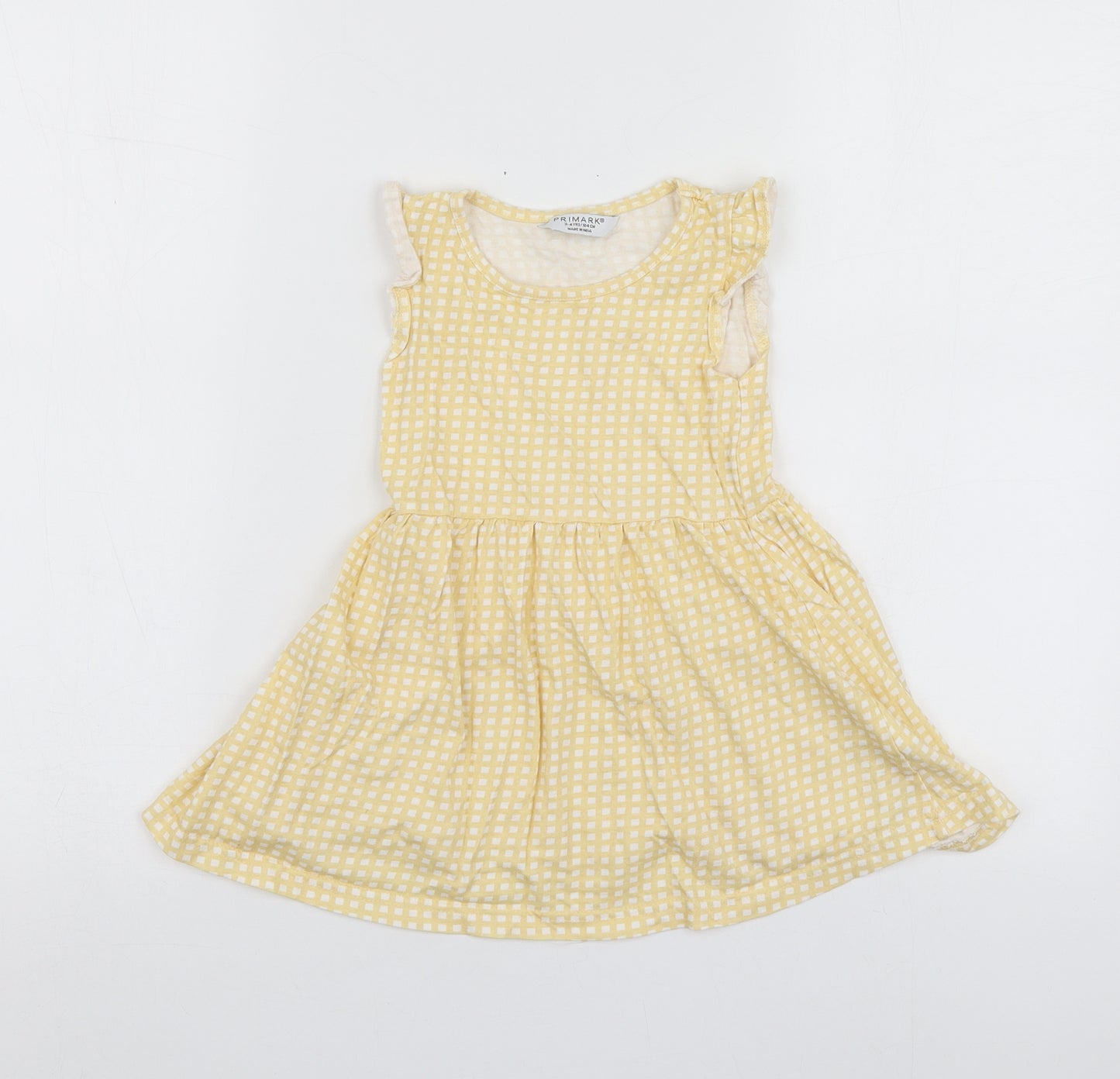 Primark Girls Yellow Check Cotton Skater Dress  Size 3-4 Years  Round Neck