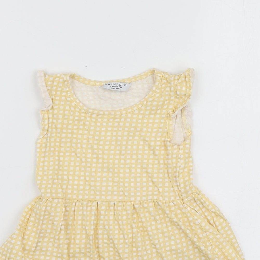 Primark Girls Yellow Check Cotton Skater Dress  Size 3-4 Years  Round Neck