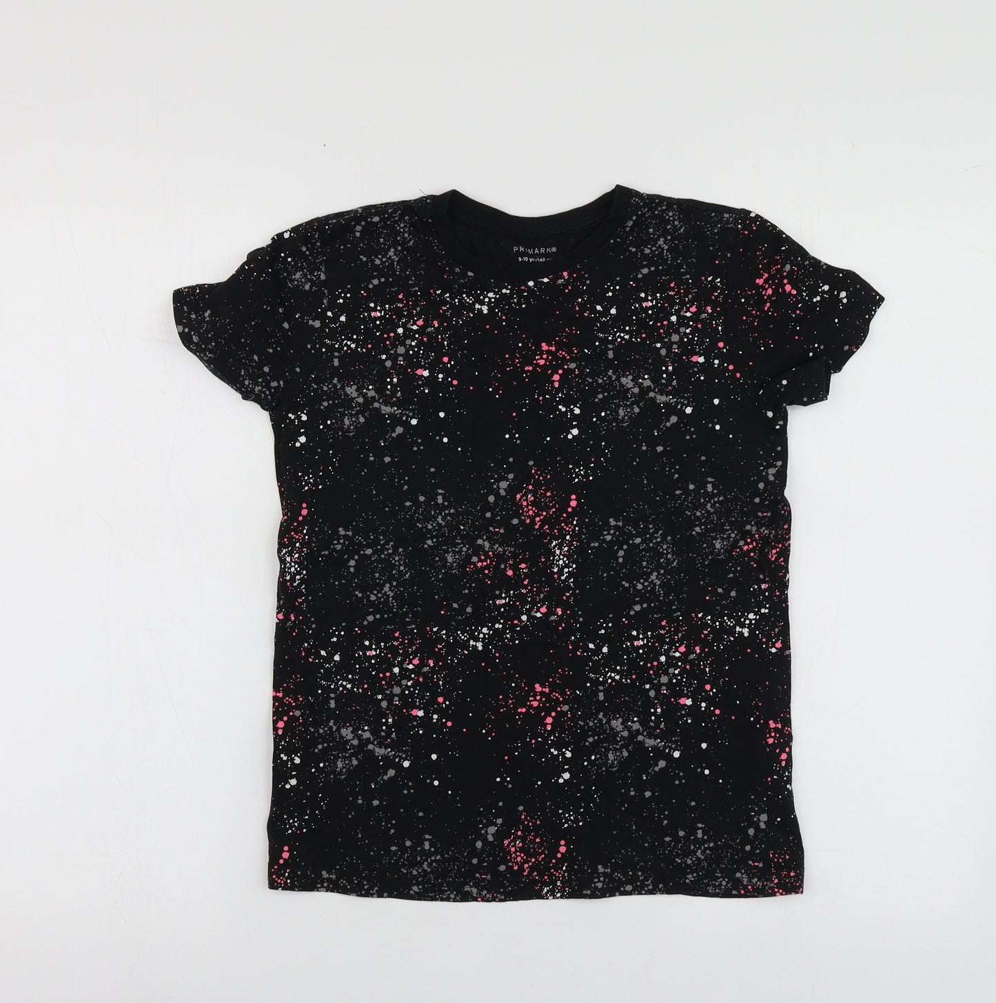 Primark Boys Black Geometric Cotton Basic T-Shirt Size 9-10 Years Round Neck