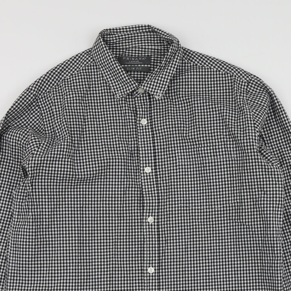 Primark Mens Black Check Cotton  Button-Up Size L Collared