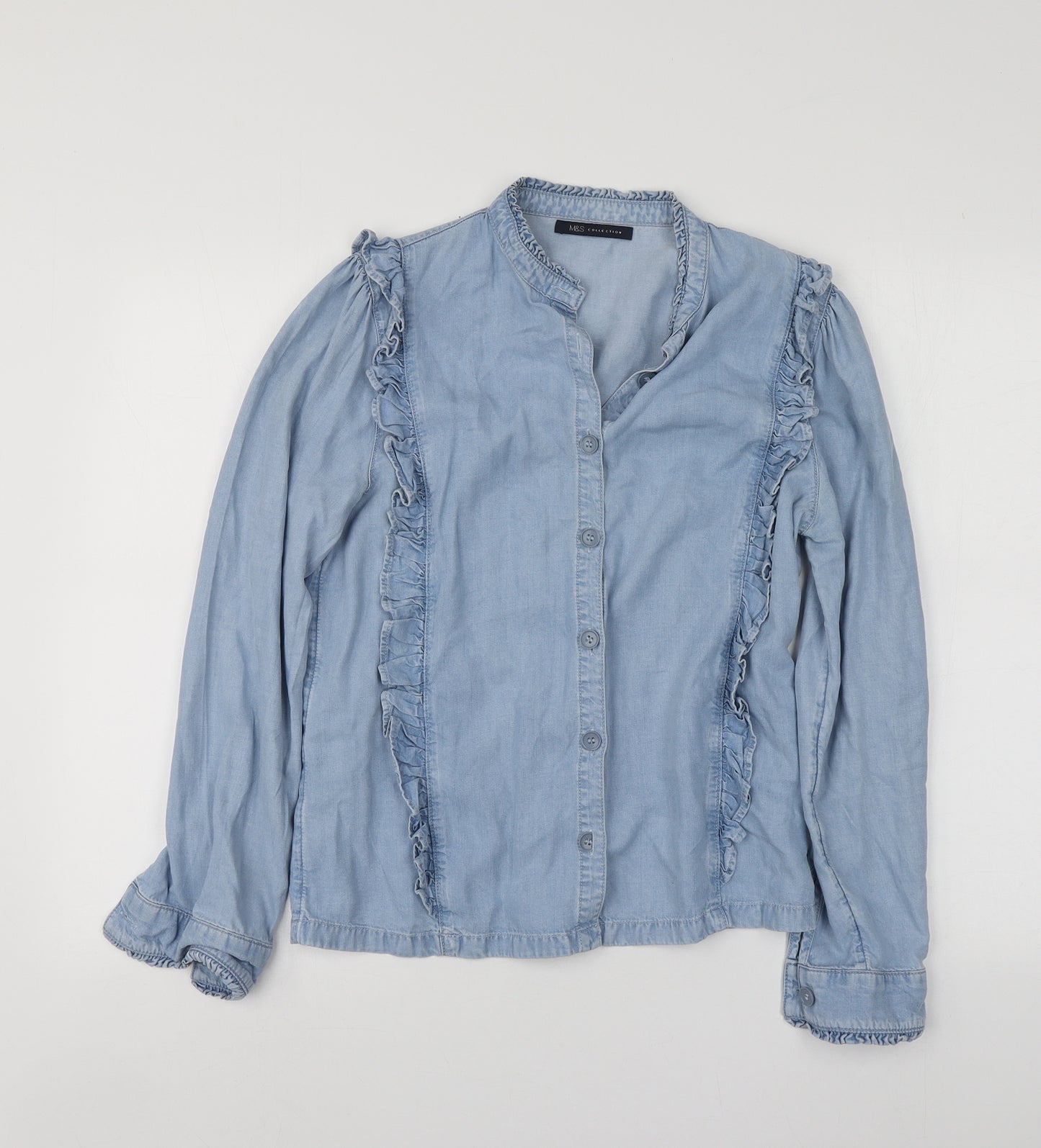 M&S Womens Blue  Lyocell Basic Button-Up Size 10 Collared