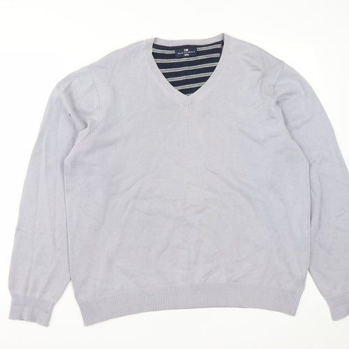 Marks and Spencer Mens Grey V-Neck  Cotton Pullover Jumper Size L
