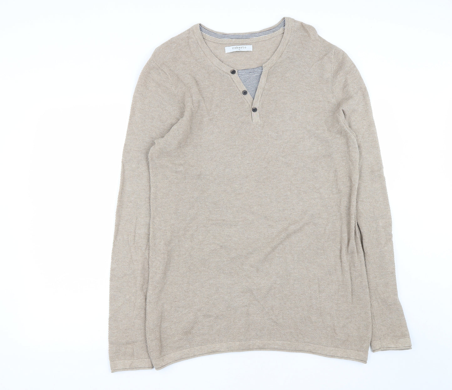 Roberto Mens Beige Round Neck  Cotton Pullover Jumper Size L