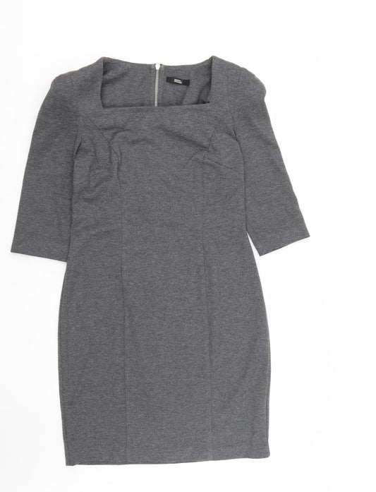 Front view of Marks and Spencer women’s grey polyester a-line, size UK 12, square neck zip - shoulder pads