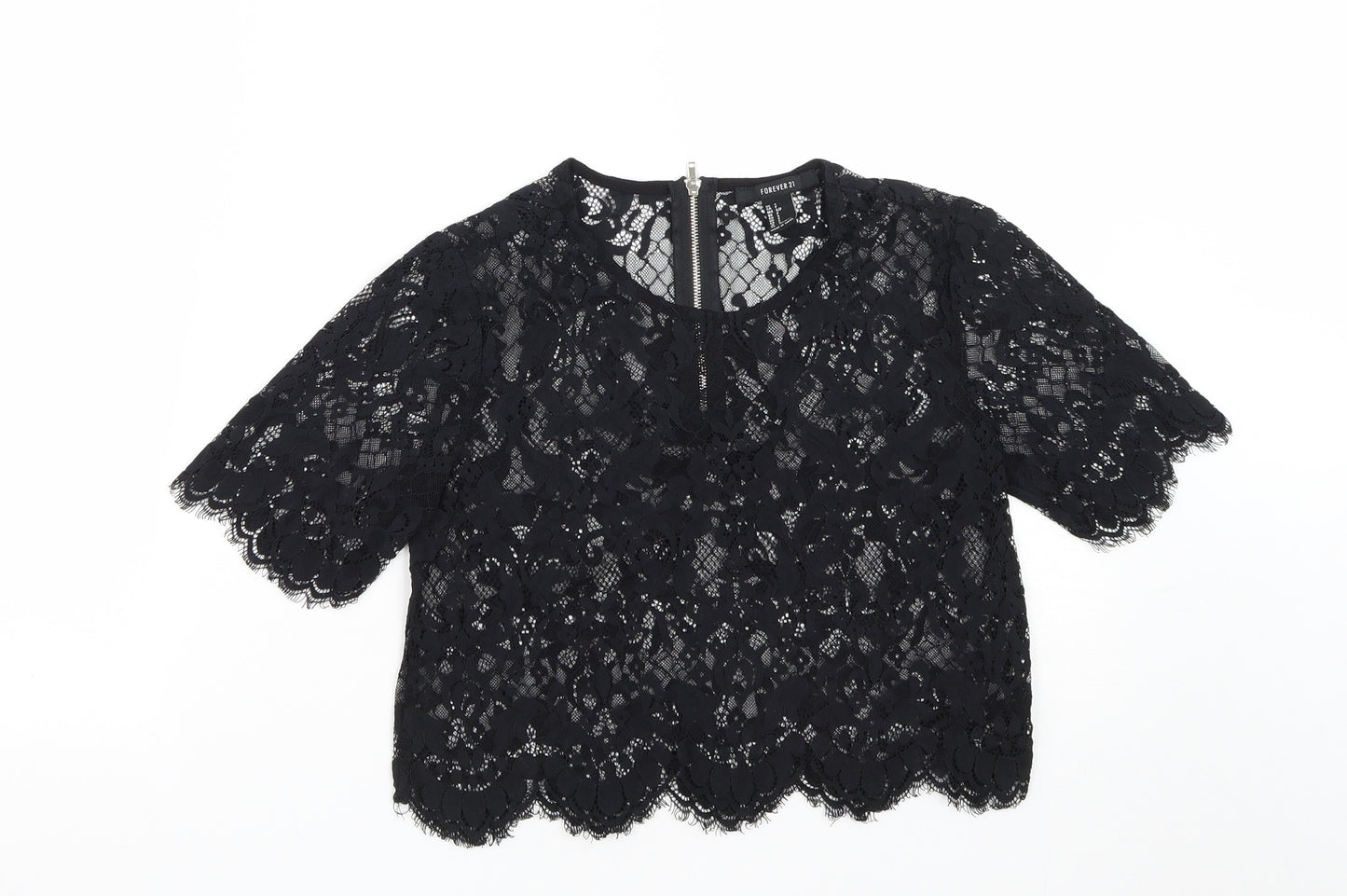 FOREVER 21 Womens Black  Polyester Cropped Blouse Size S Round Neck