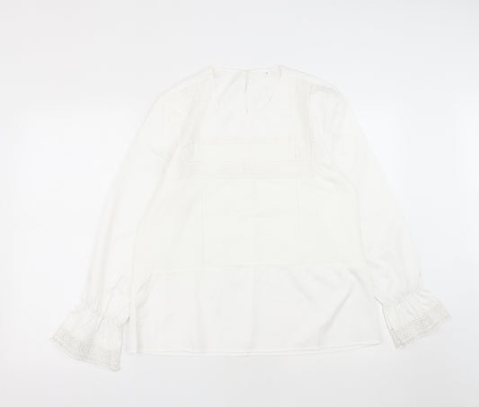 Front view of Preworn women’s white polyester basic blouse, size M, roll neck