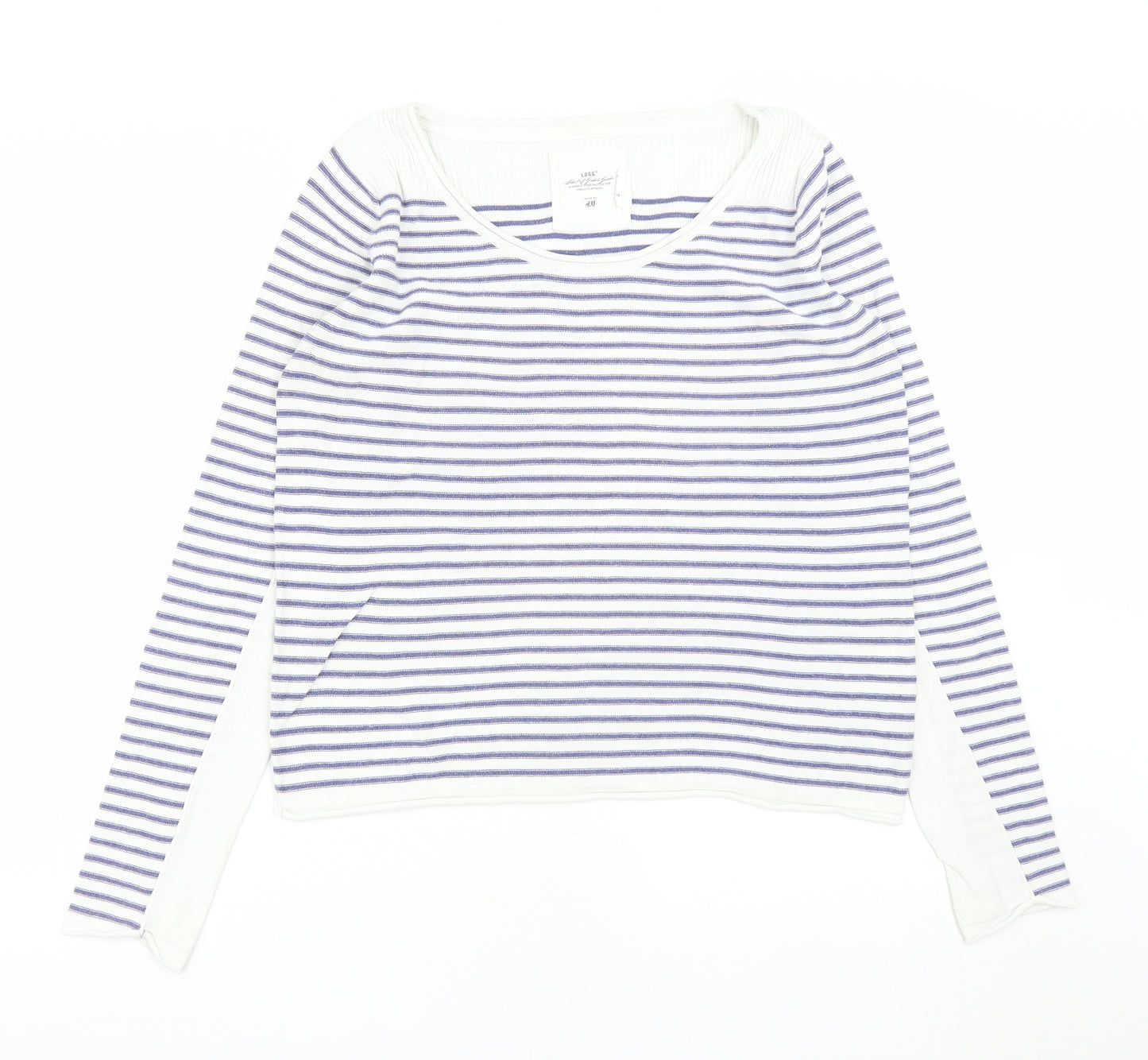H&M Womens White Scoop Neck Striped Cotton Pullover Jumper Size M