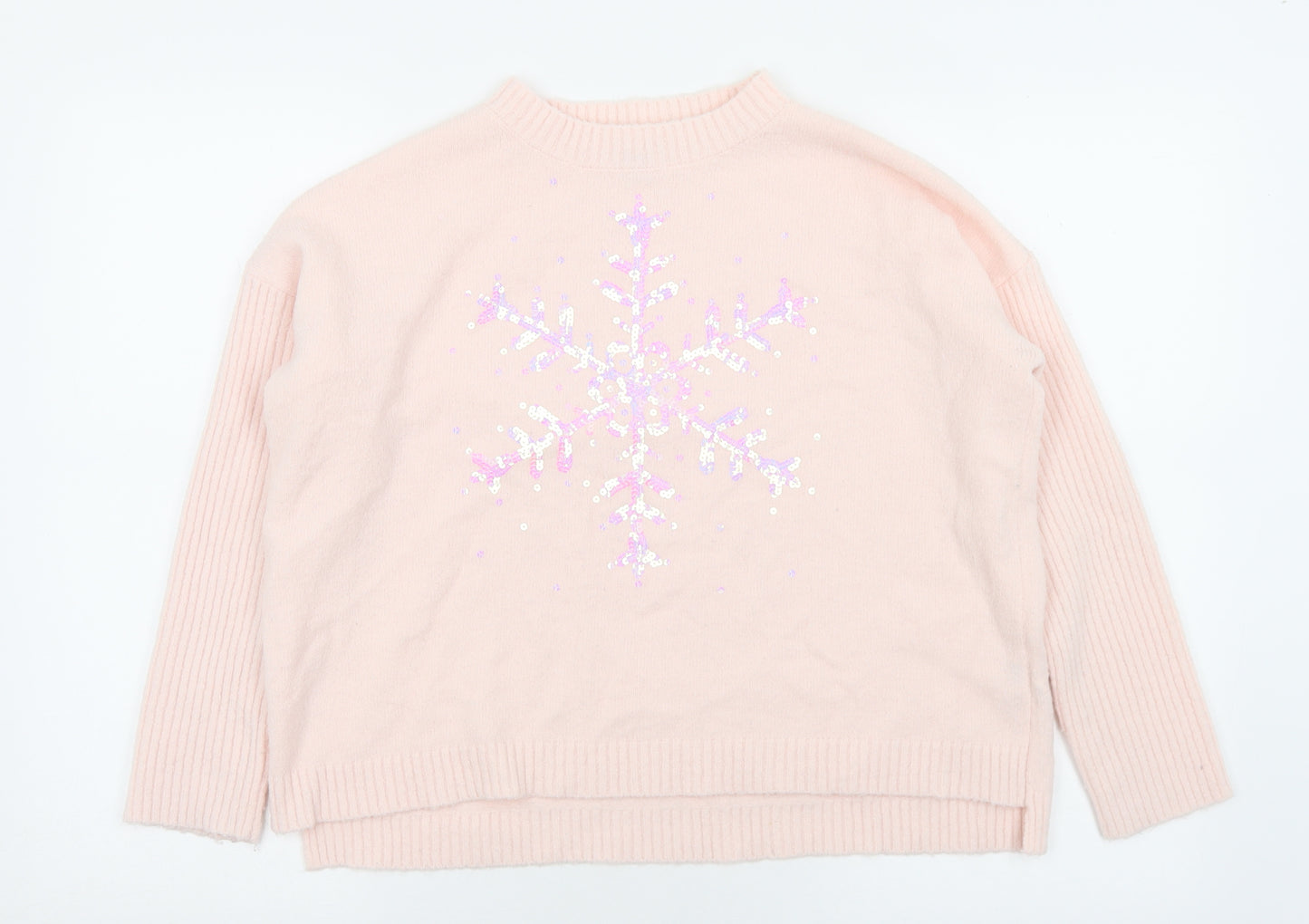 River Island Girls Pink Mock Neck  Acrylic Pullover Jumper Size 11-12 Years   - Snowflake Sequins
