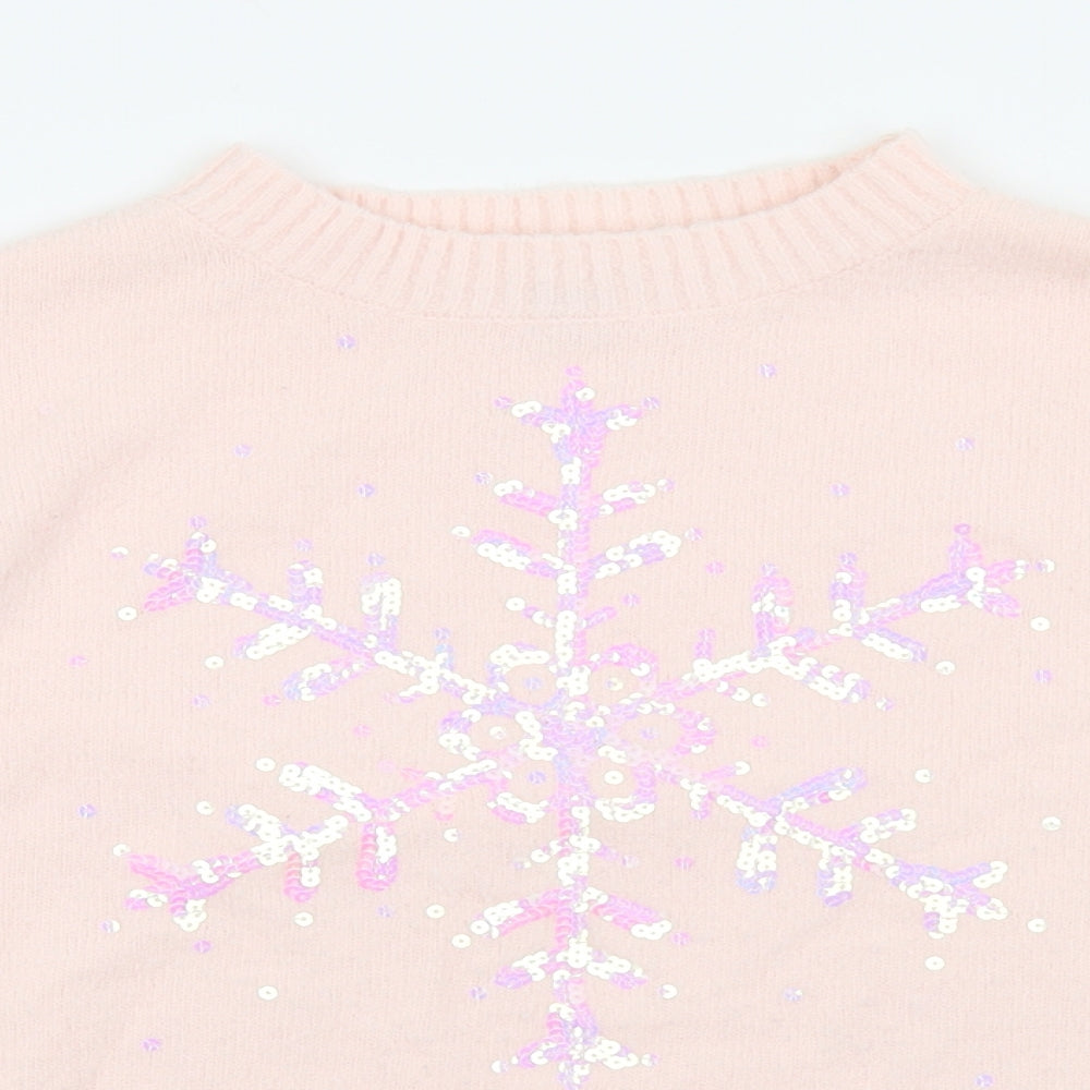 River Island Girls Pink Mock Neck  Acrylic Pullover Jumper Size 11-12 Years   - Snowflake Sequins