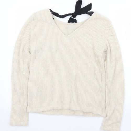 VERO MODA Womens Ivory V-Neck  Polyester Pullover Jumper Size L
