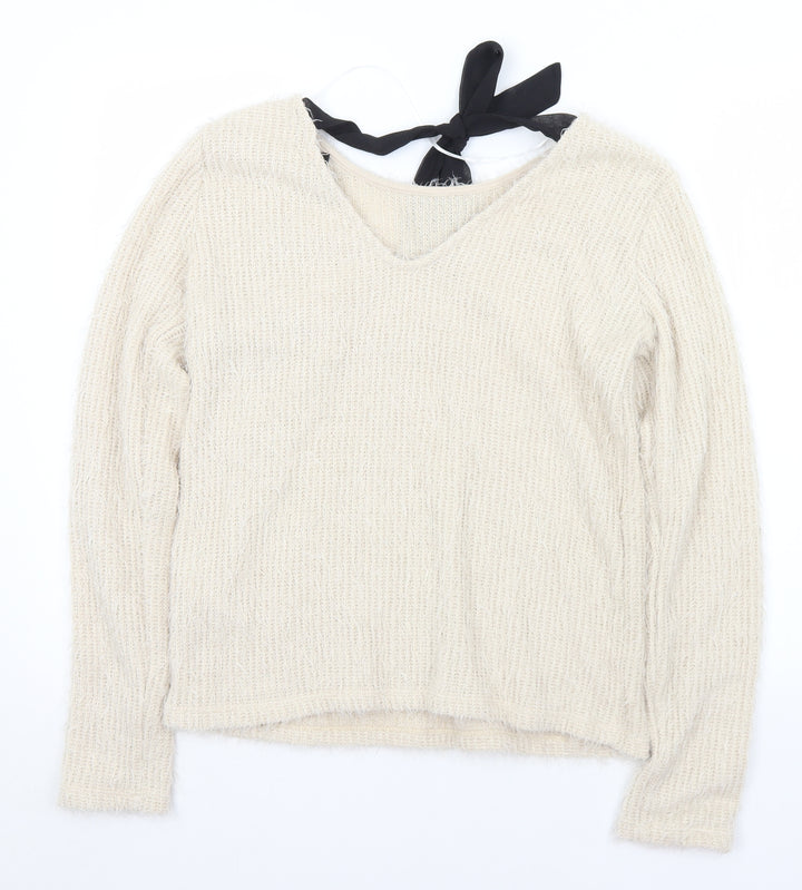 VERO MODA Womens Ivory V-Neck Polyester Pullover Jumper Size L