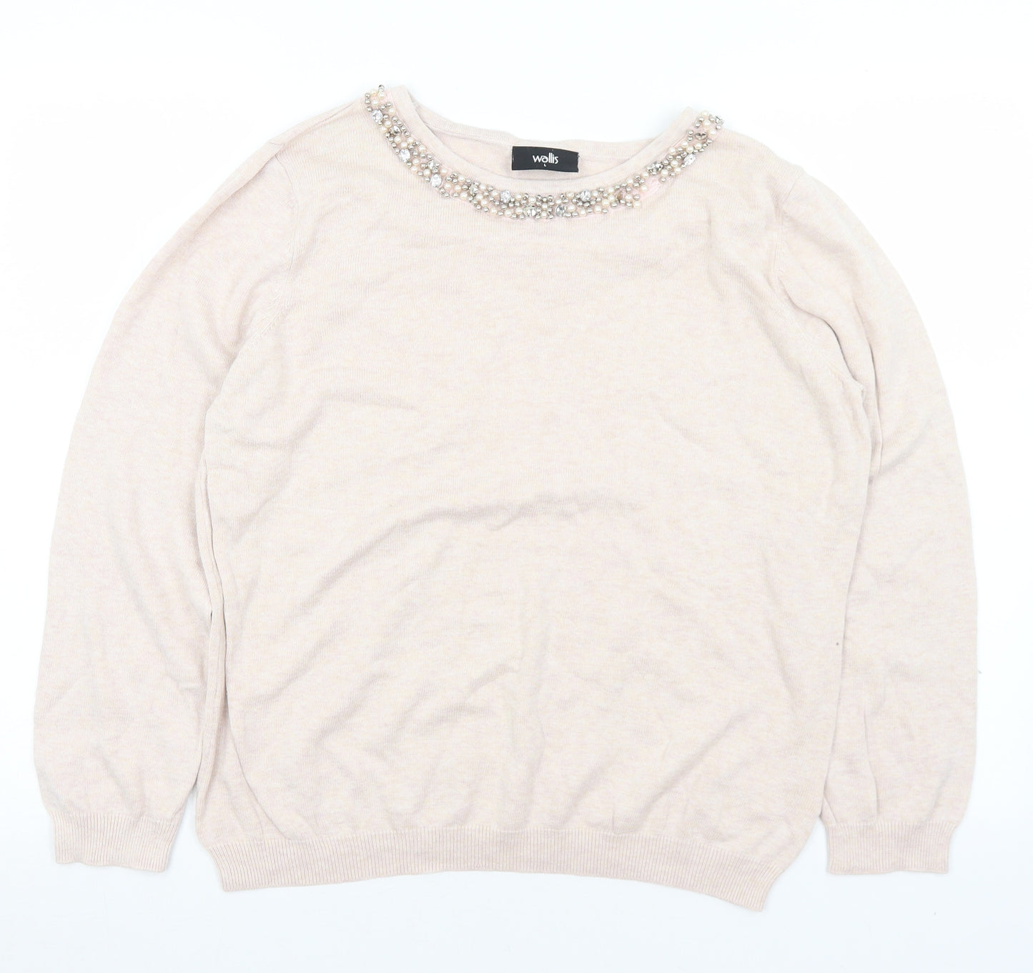 Wallis Womens Pink Round Neck  Cotton Pullover Jumper Size L   - Bead detail, small number of beads missing