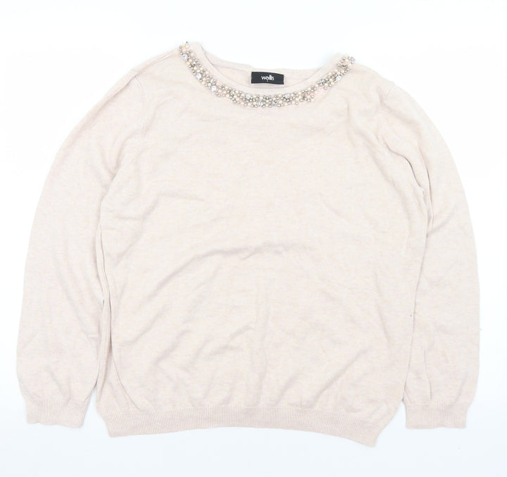 Wallis Womens Pink Round Neck  Cotton Pullover Jumper Size L   - Bead detail, small number of beads missing