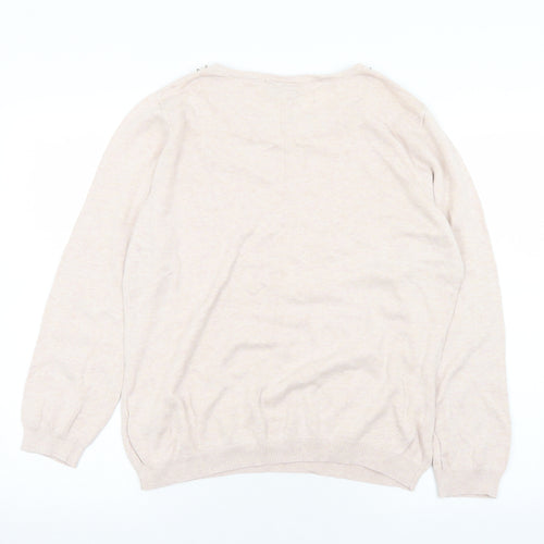 Wallis Womens Pink Round Neck  Cotton Pullover Jumper Size L   - Bead detail, small number of beads missing