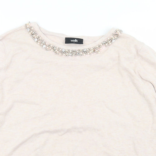 Wallis Womens Pink Round Neck  Cotton Pullover Jumper Size L   - Bead detail, small number of beads missing