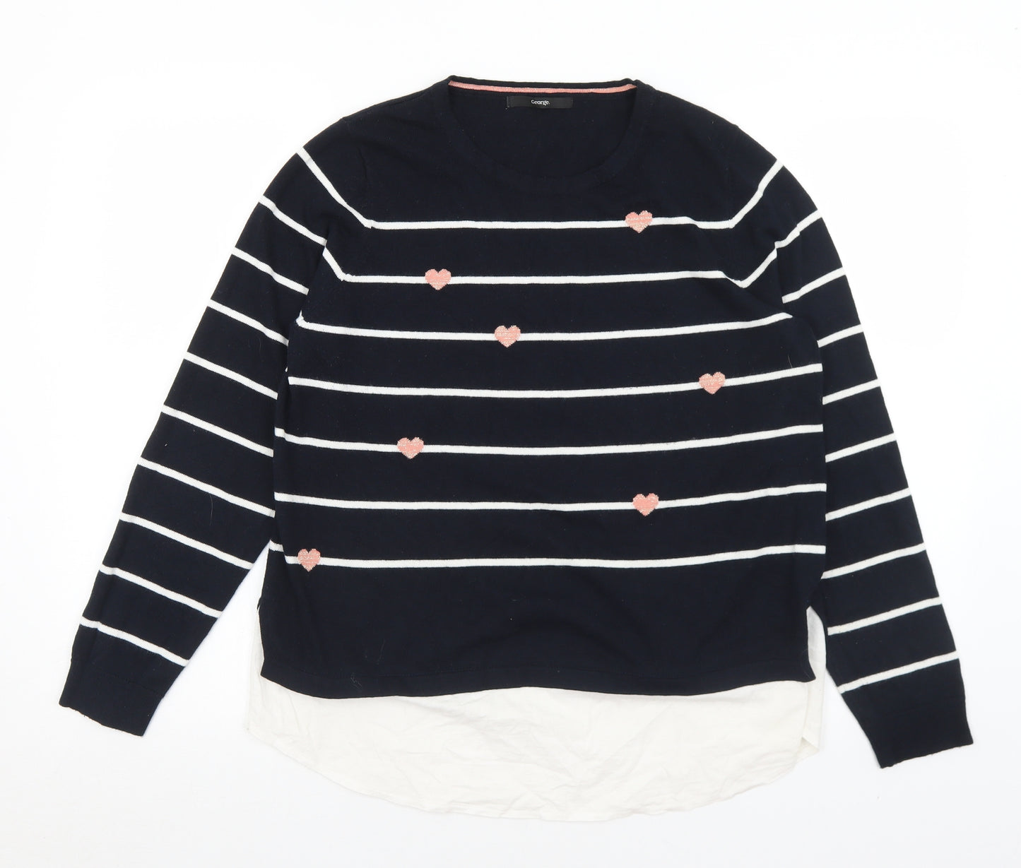 George Womens Black Crew Neck Striped Acrylic Pullover Jumper Size 14