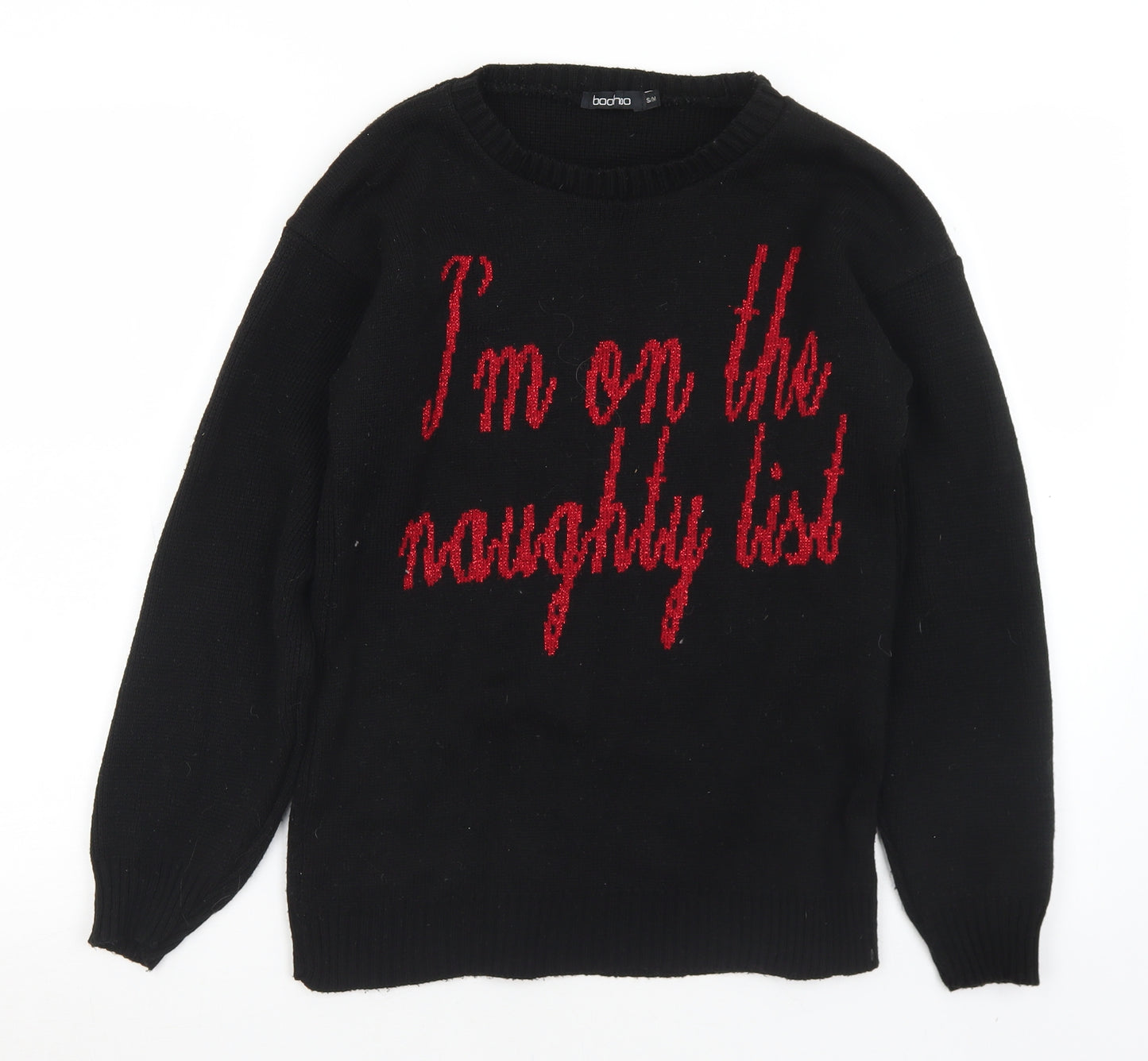 Boohoo Womens Black Crew Neck  Acrylic Pullover Jumper Size S   - Christmas. S/M