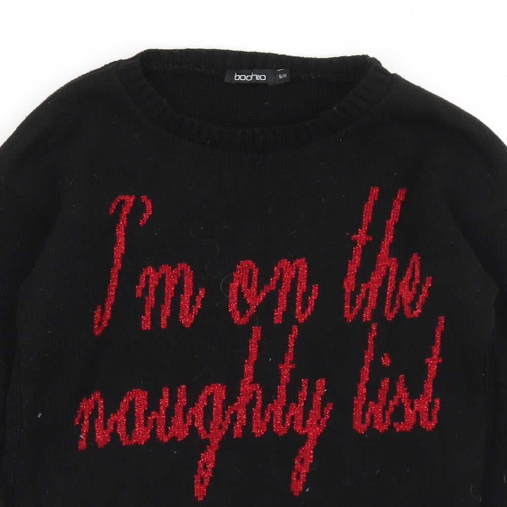 Boohoo Womens Black Crew Neck  Acrylic Pullover Jumper Size S   - Christmas. S/M