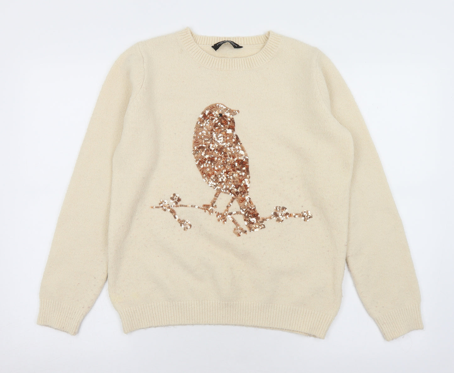 Dorothy Perkins Womens Beige Crew Neck  Acrylic Pullover Jumper Size 12   - Sequin bird