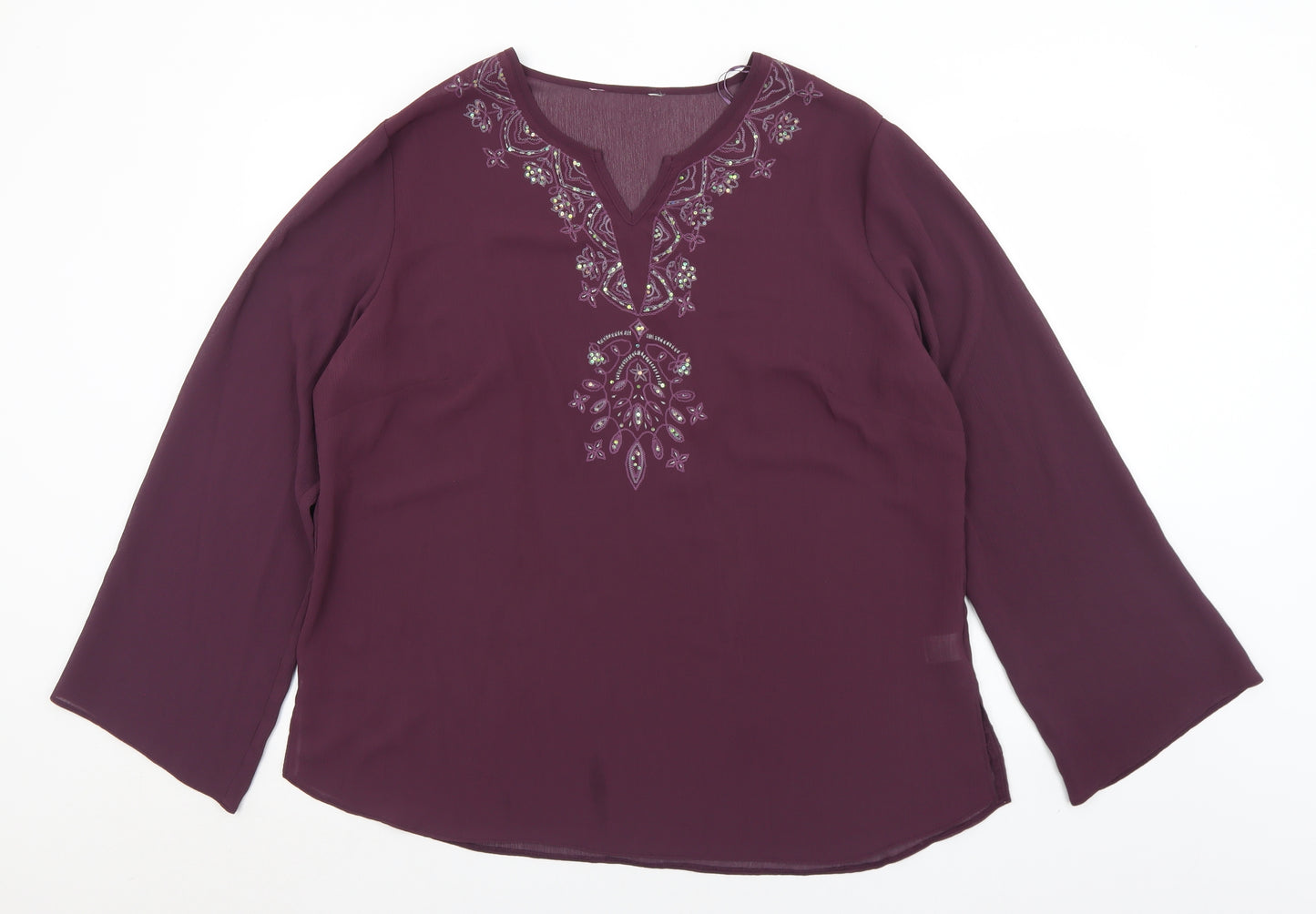 Bonmarché Womens Purple Floral Polyester Basic Blouse Size 22 V-Neck