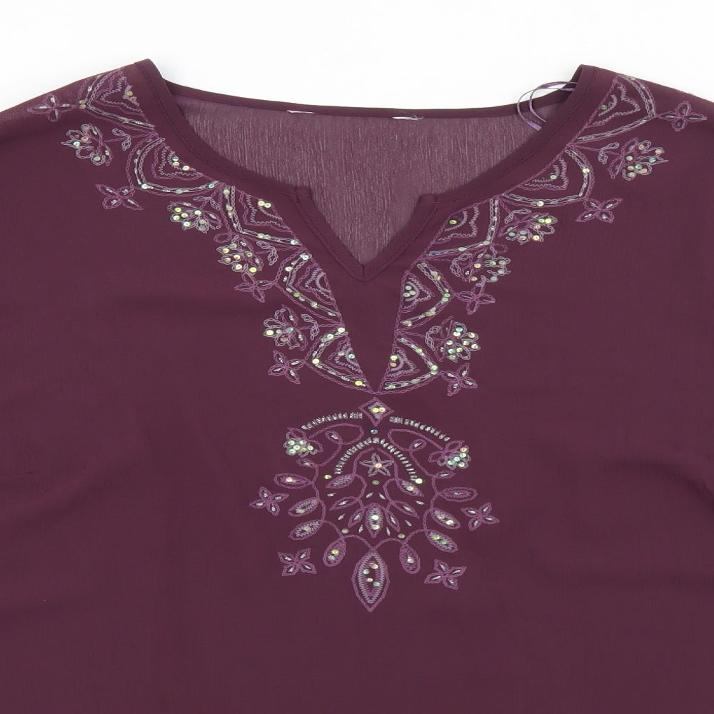 Bonmarché Womens Purple Floral Polyester Basic Blouse Size 22 V-Neck