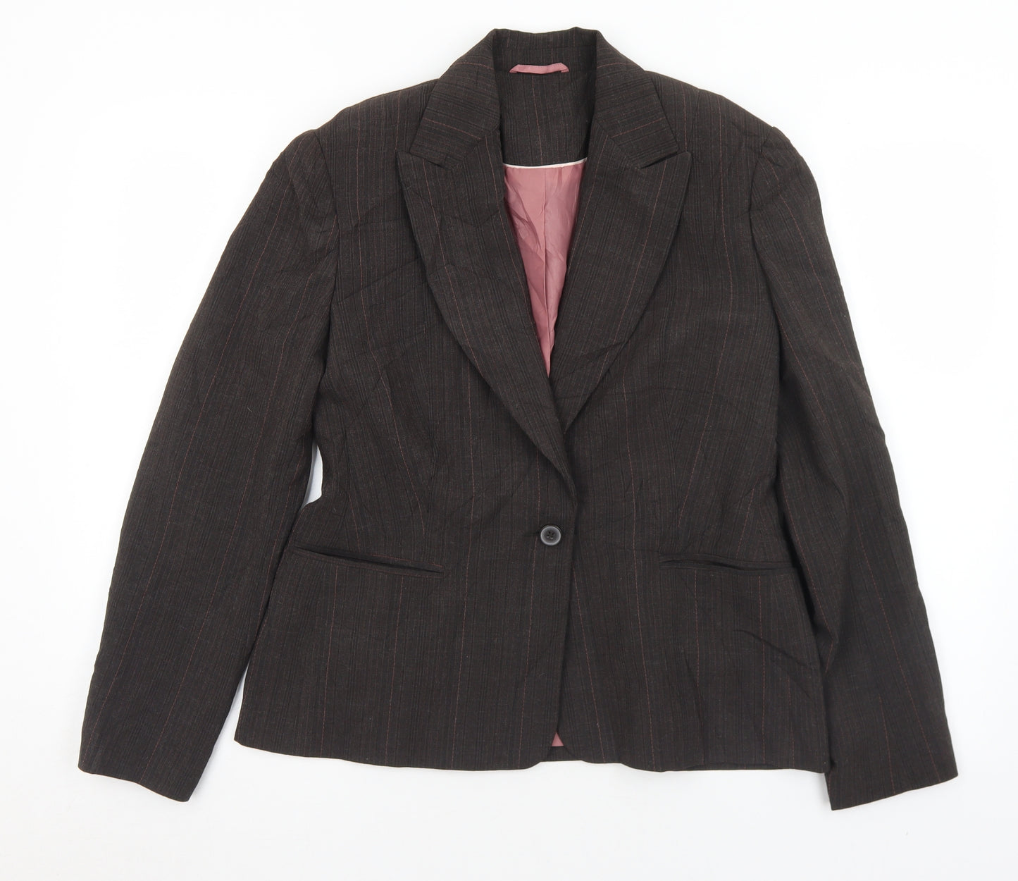 Preworn Womens Brown Pinstripe Polyester Jacket Suit Jacket Size 32
