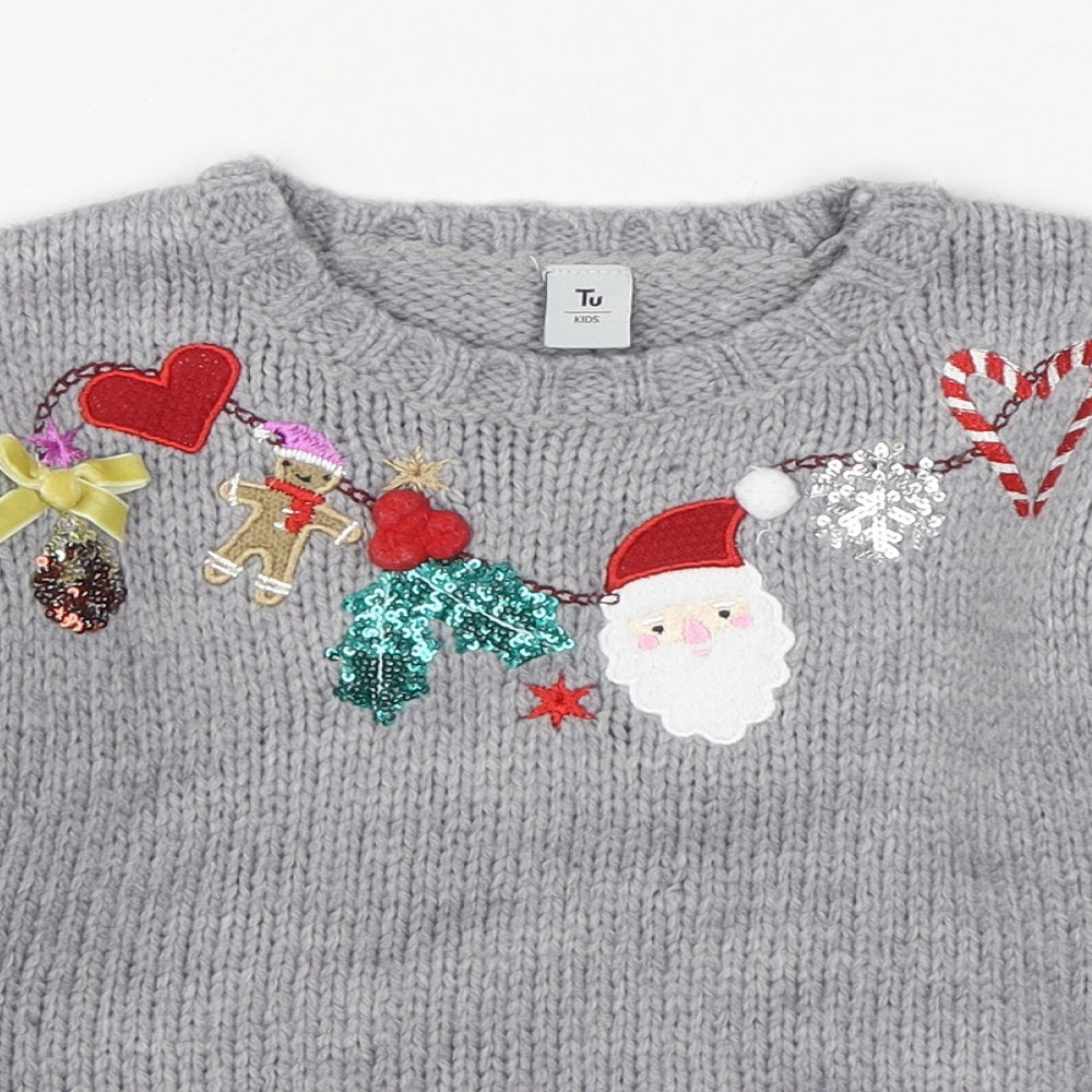 TU Girls Grey Round Neck  Acrylic Pullover Jumper Size 5 Years  Pullover - Christmas Jumper