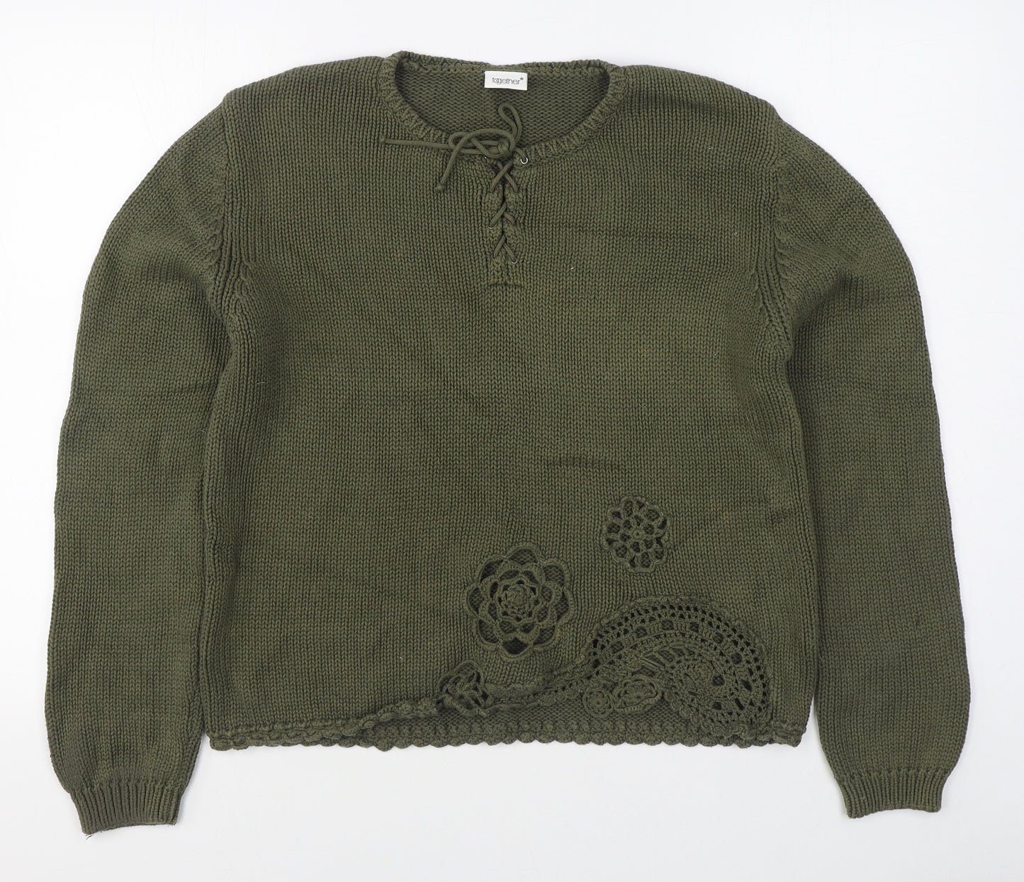 Together Womens Green Round Neck  100% Cotton Pullover Jumper Size 16