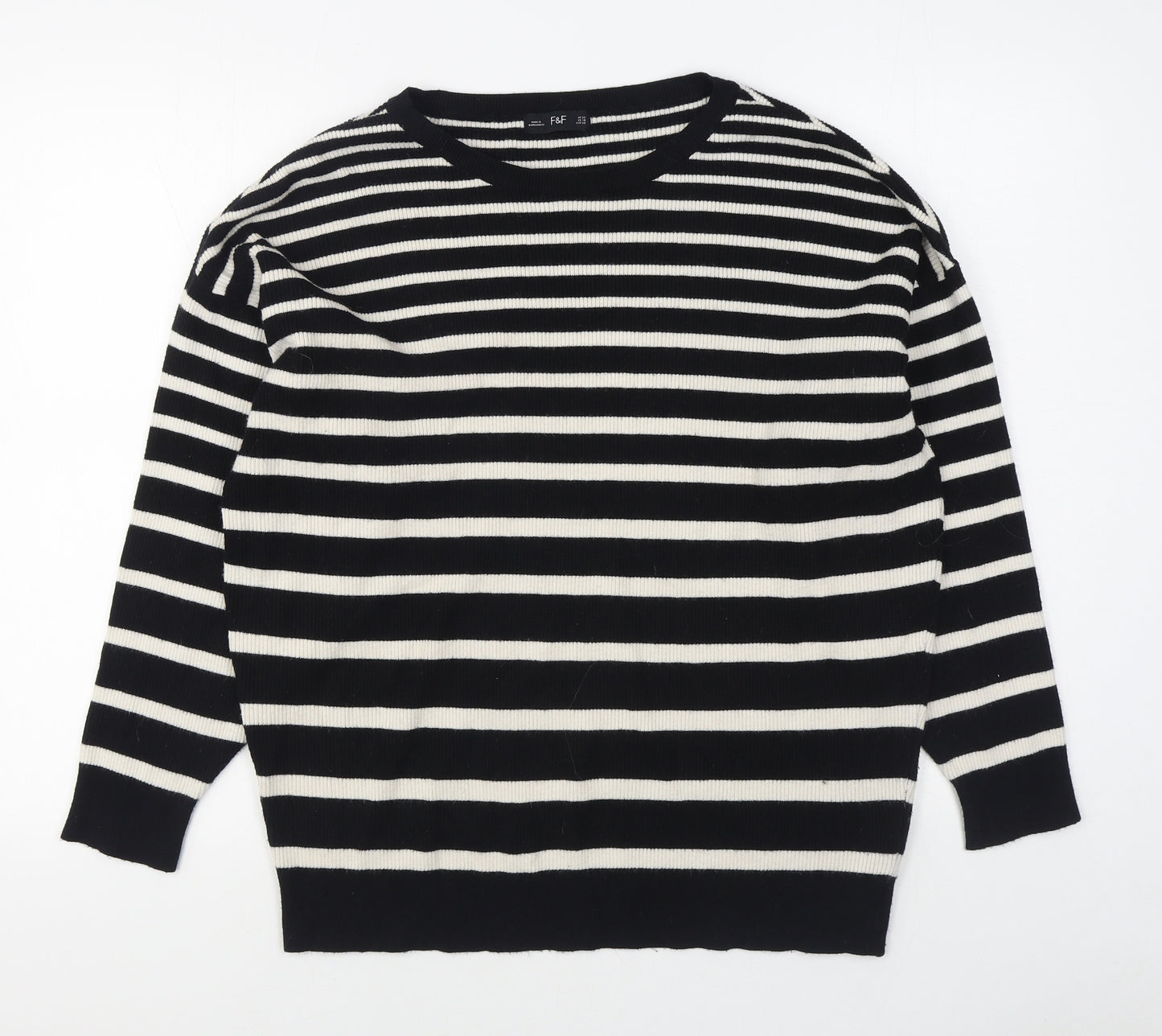 F&F Womens Black Round Neck Striped Viscose Pullover Jumper Size 22