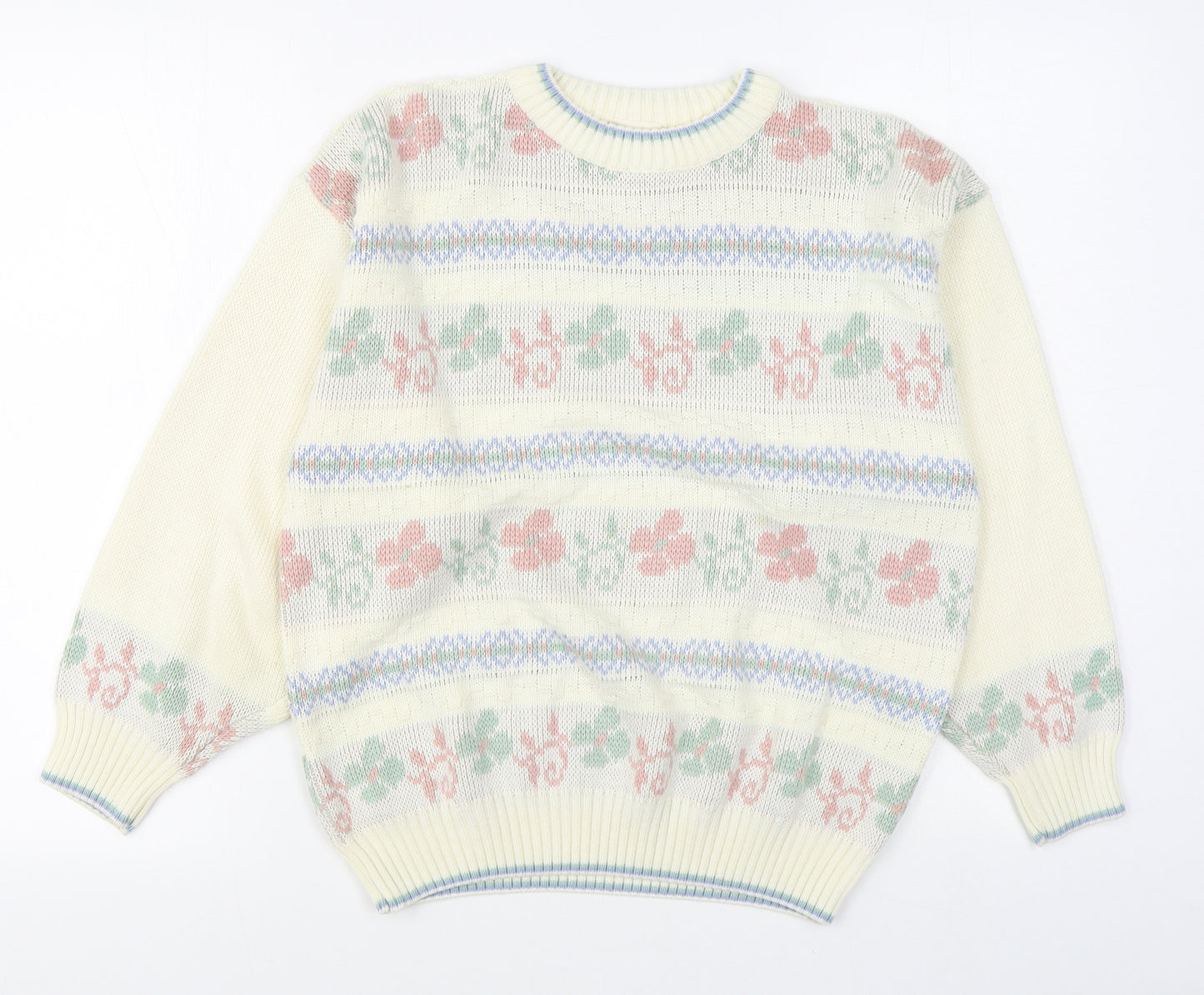 Amani Womens White Round Neck Fair Isle Acrylic Pullover Jumper Size 14