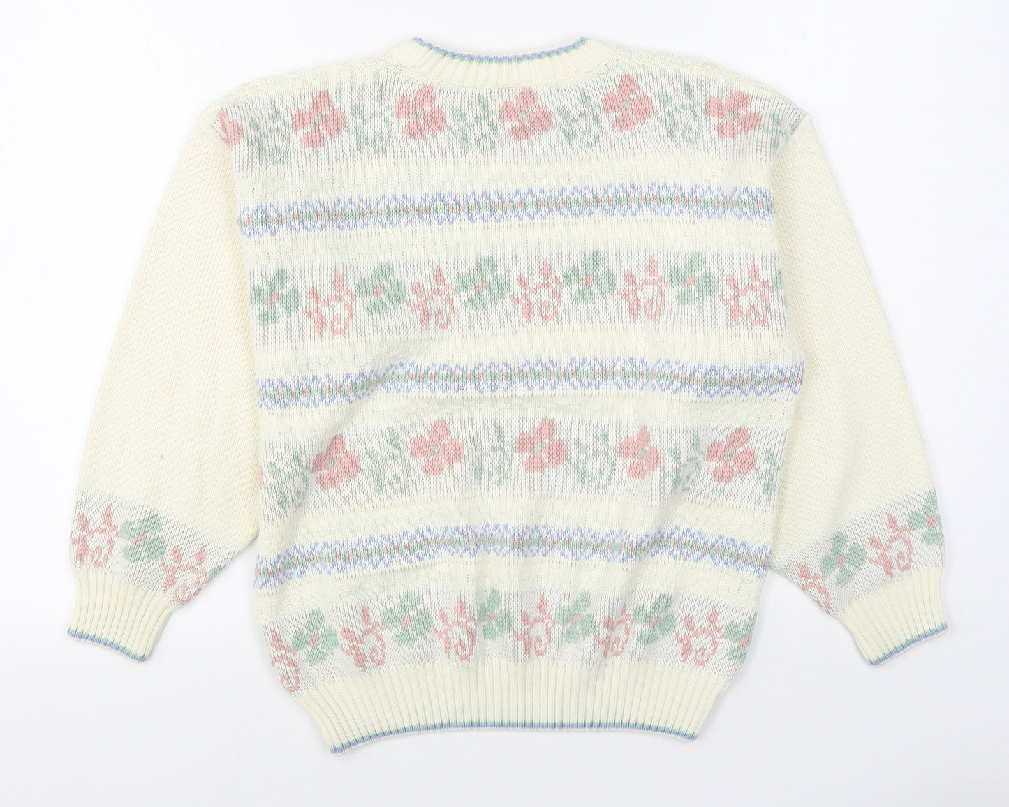 Amani Womens White Round Neck Fair Isle Acrylic Pullover Jumper Size 14