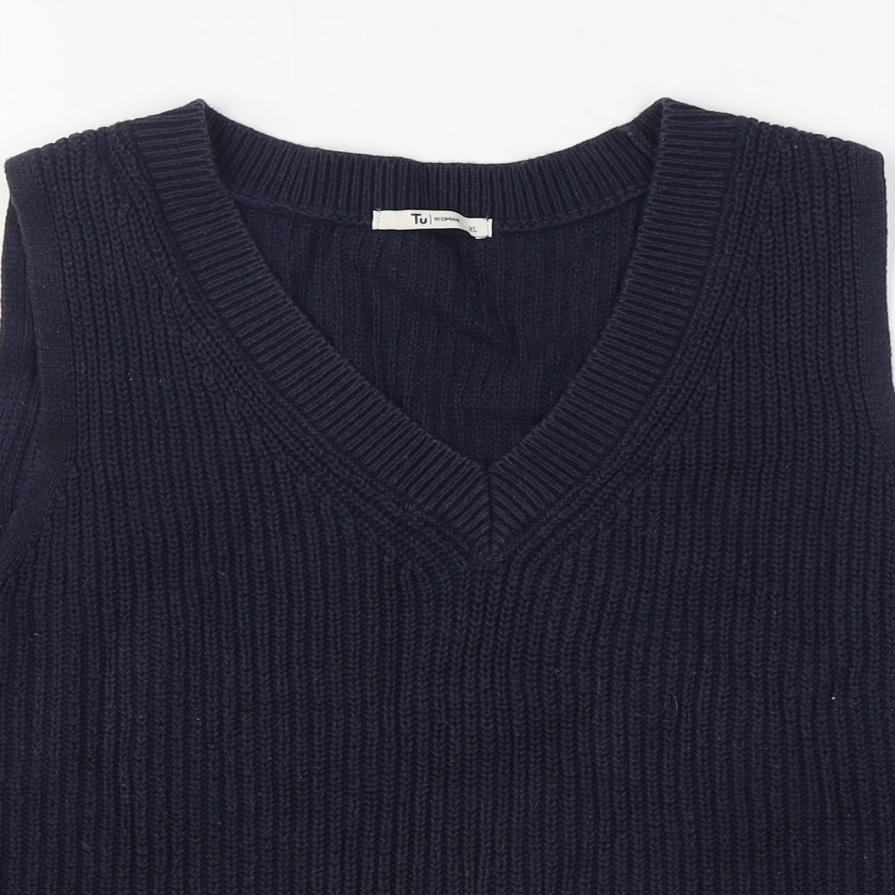 TU Womens Blue V-Neck  Cotton Pullover Jumper Size XL