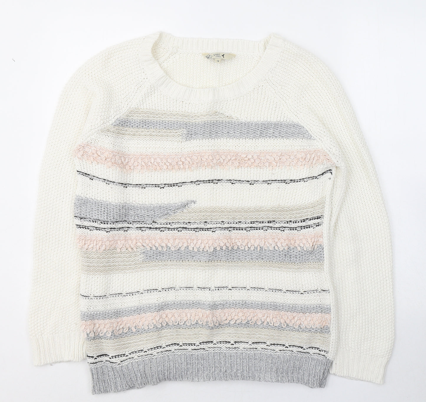 M&Co Womens White Round Neck Geometric Acrylic Pullover Jumper Size 16