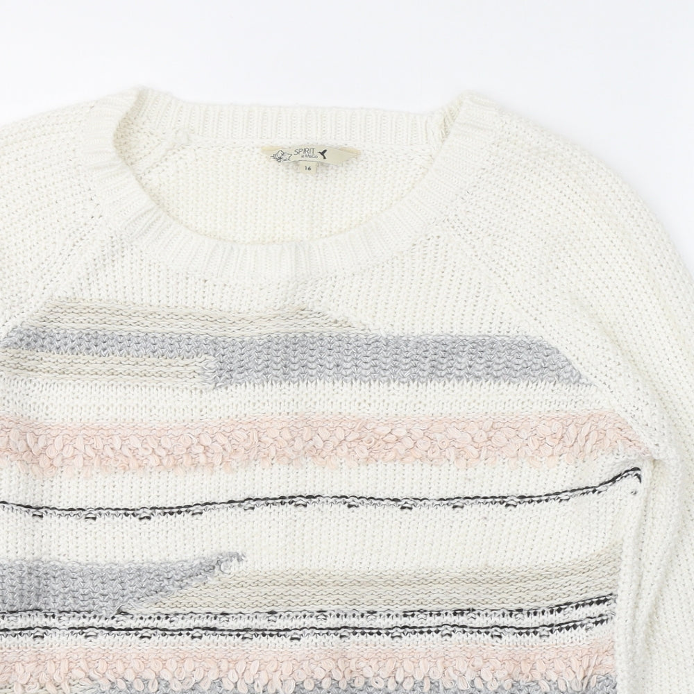 M&Co Womens White Round Neck Geometric Acrylic Pullover Jumper Size 16