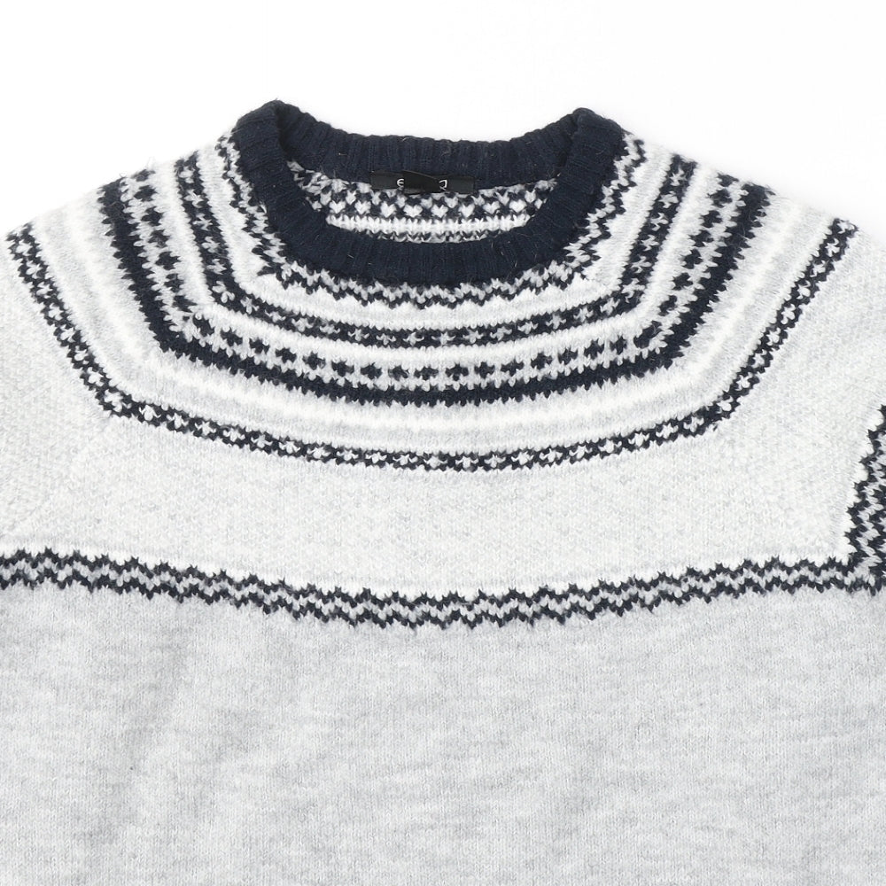 ESMARA Womens Grey Round Neck Fair Isle Acrylic Pullover Jumper Size 12
